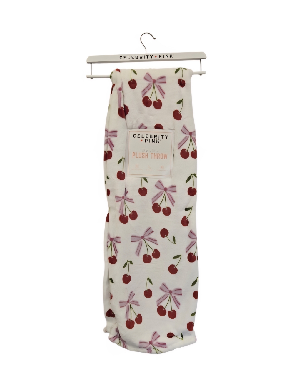 Celebrity Pink White Plush Throw with Red Cherry & Pink Bow Print